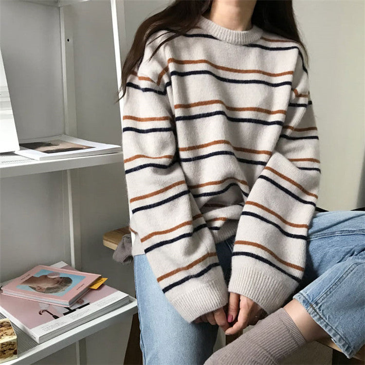 Women's round neck sweater female chic pullover striped knit sweater loose lazy student wear