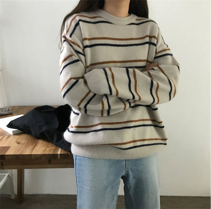 Women's round neck sweater female chic pullover striped knit sweater loose lazy student wear