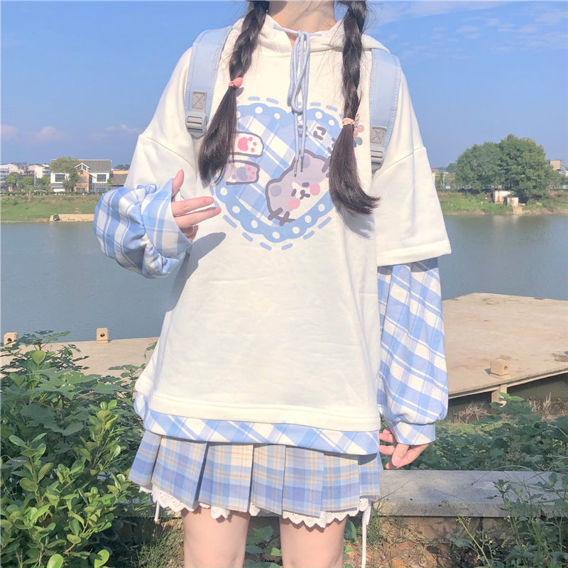 Sweet College Wind Cartoon Printed Long-Sleeved Hooded Sweater Fake Two Female Autumn And Winter Outer Wear Loose Little Shirt