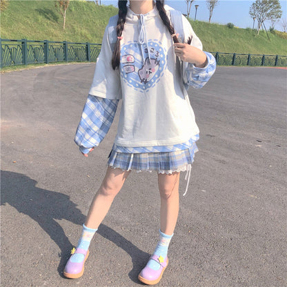 Sweet College Wind Cartoon Printed Long-Sleeved Hooded Sweater Fake Two Female Autumn And Winter Outer Wear Loose Little Shirt