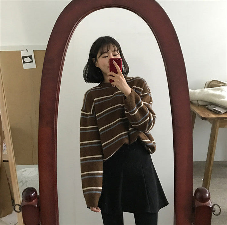 Women's round neck sweater female chic pullover striped knit sweater loose lazy student wear