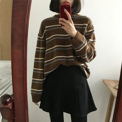 Women's round neck sweater female chic pullover striped knit sweater loose lazy student wear