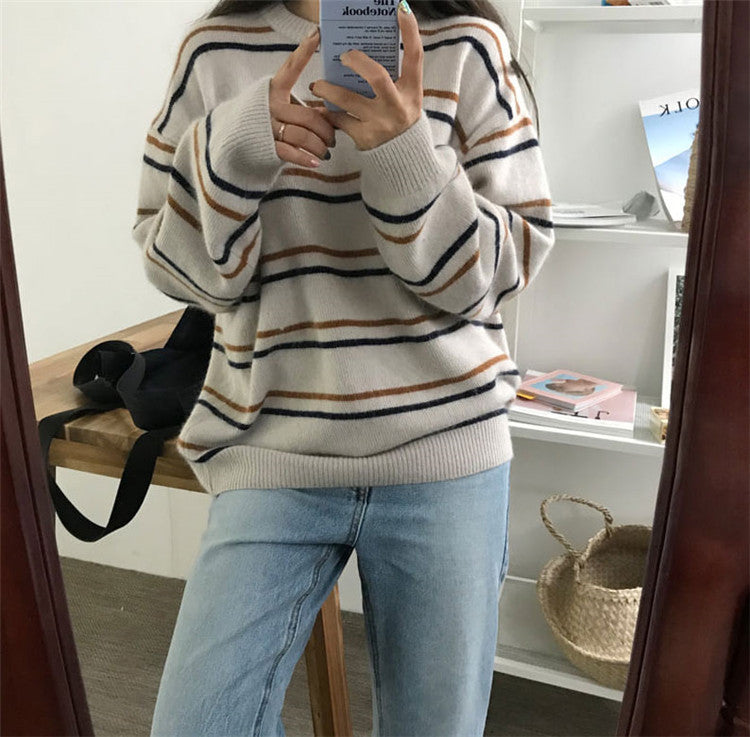 Women's round neck sweater female chic pullover striped knit sweater loose lazy student wear