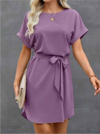 Lace-up Waist Short Sleeve Satin Dress