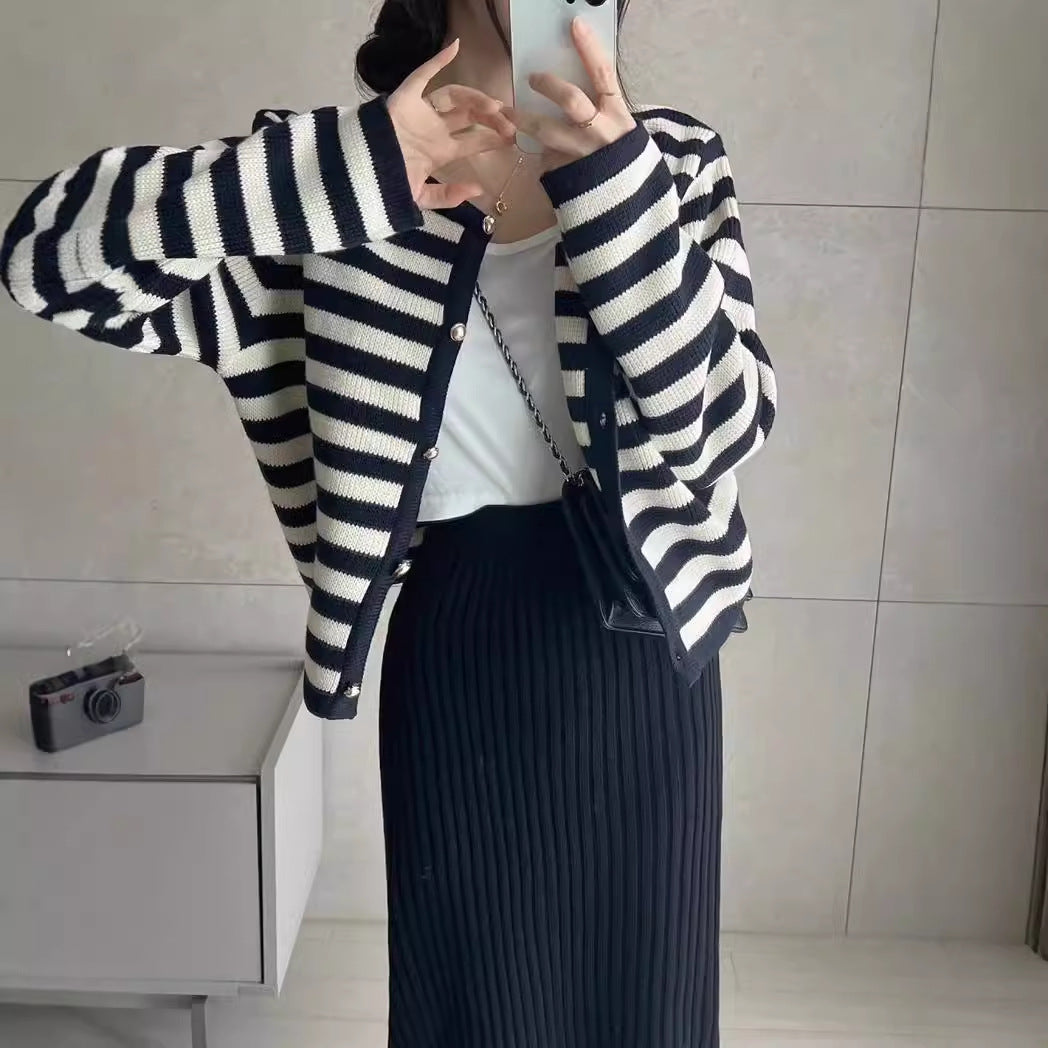 Autumn Striped Single-breasted Long Sleeve Knitted Cardigan