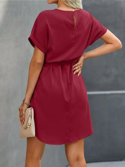 Lace-up Waist Short Sleeve Satin Dress