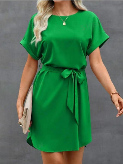 Lace-up Waist Short Sleeve Satin Dress