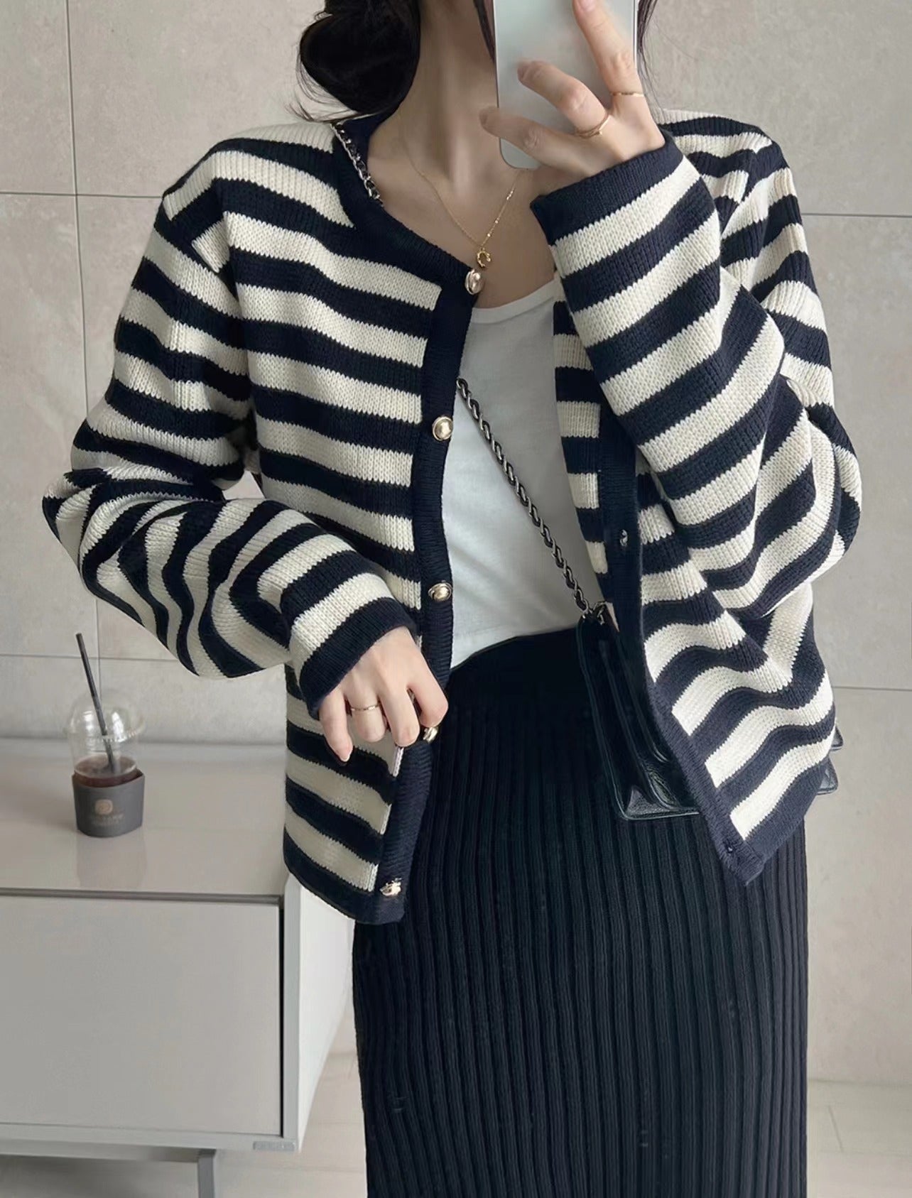 Autumn Striped Single-breasted Long Sleeve Knitted Cardigan