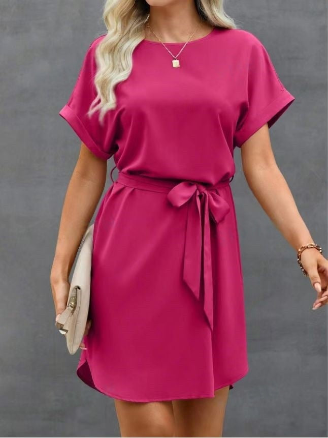 Lace-up Waist Short Sleeve Satin Dress