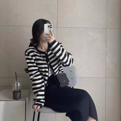 Autumn Striped Single-breasted Long Sleeve Knitted Cardigan