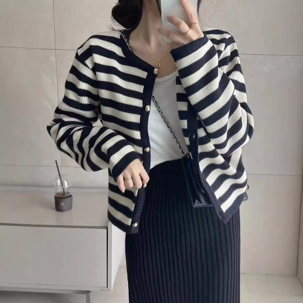 Autumn Striped Single-breasted Long Sleeve Knitted Cardigan